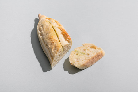 Ciabatta bread on gray background, top view, copy spaceの写真素材