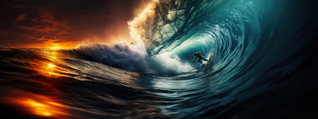 Surfer surfing ocean wave at sunset.  Backgroundの素材