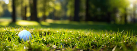 Golf ball on green grass in golf course, wide panorama, Background.の素材