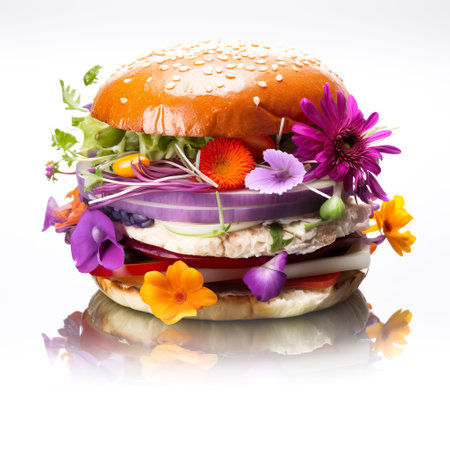 Hamburger with fresh eatable flowers and herbs isolated on a white backgroundの素材