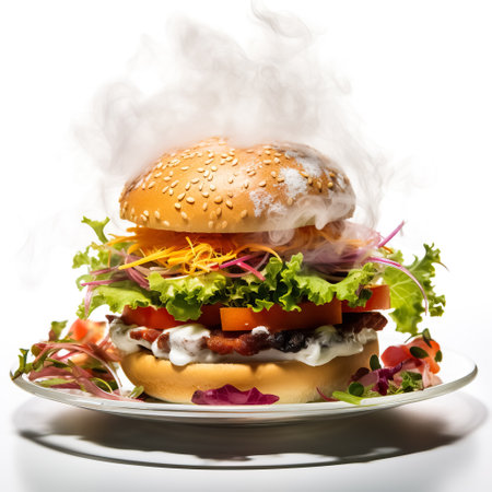 Hamburger on a plate with smoke isolated on white backgroundの素材