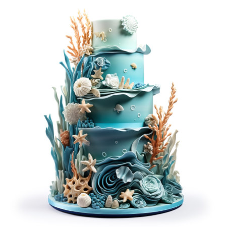 Blue wedding cake decorated with seashells and starfish isolated on white backgroundの素材