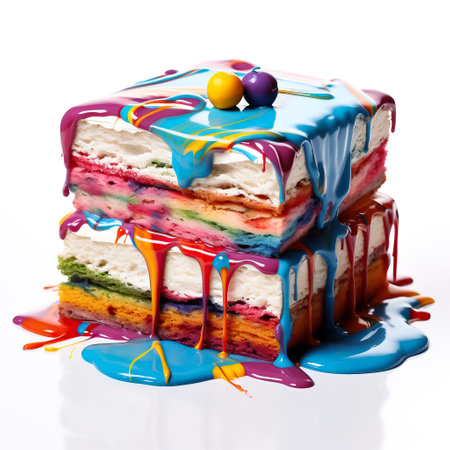 Rainbow cake on a white background with a splash of blue paintの素材
