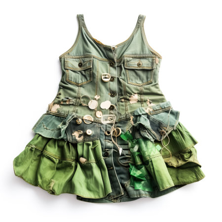 Upcycled clothing made from recycled materials on a white background. Top viewの素材