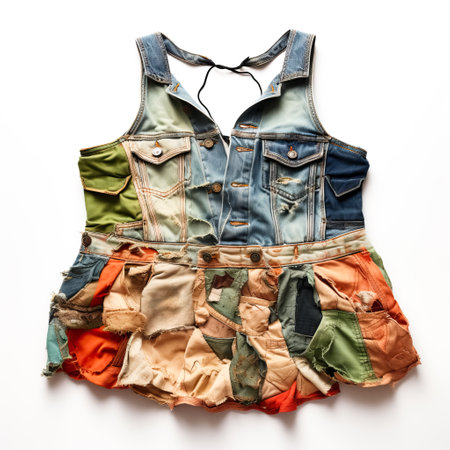 Upcycled clothing made from recycled materials on a white background. Top viewの素材
