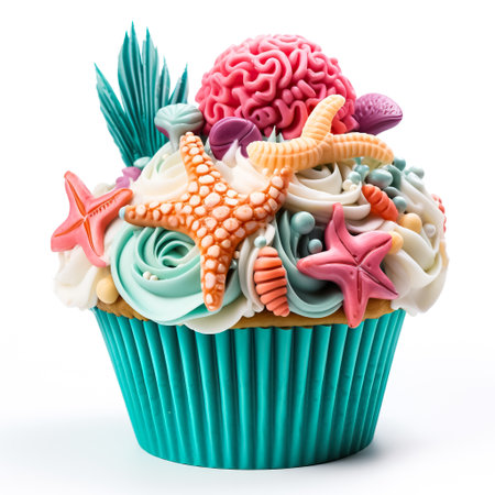 Cupcakes decorated with starfishes and shells on white backgroundの素材