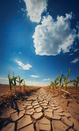 Corn dry field and blue sky with white clouds, agriculture backgroundの素材