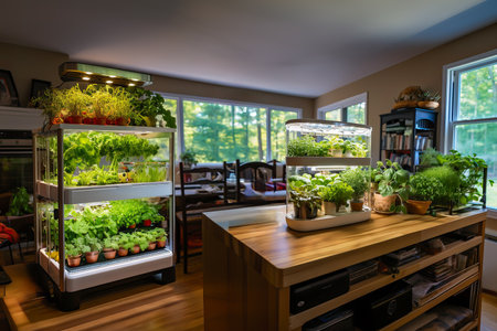 Interior of a modern kitchen with plants in pots and shelves.の素材