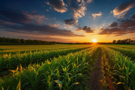 Sunset or sunrise over an agricultural field of corn with young green corn plants, backgroundの素材