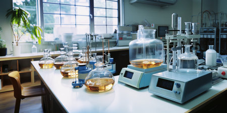 Laboratory glassware with chemical liquid, science research and development concept, blurred backgroundの素材