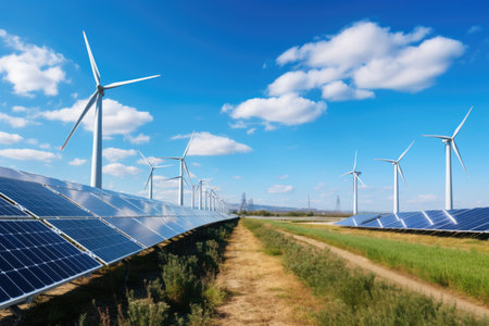 Solar panels and wind turbines in solar power plant. alternative energy sources.の素材