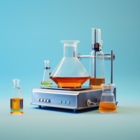 Laboratory glassware on blue background, science research and development conceptの素材