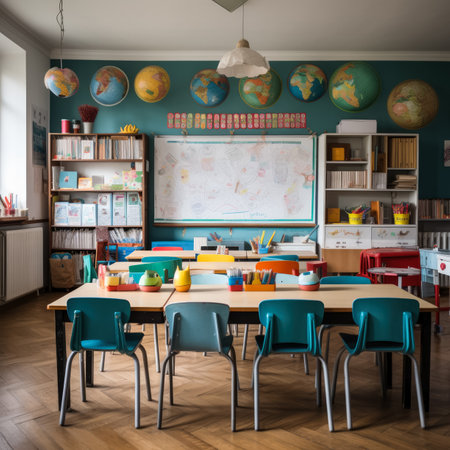 Classroom interior with blue chairs and a desk with a globe on itの素材
