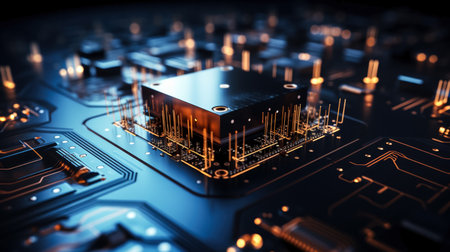 Circuit board. Electronic computer hardware technology. Motherboard digital chip, copy space backgroundの素材