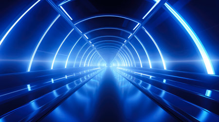 abstract futuristic tunnel with blue lights and reflectionsの素材