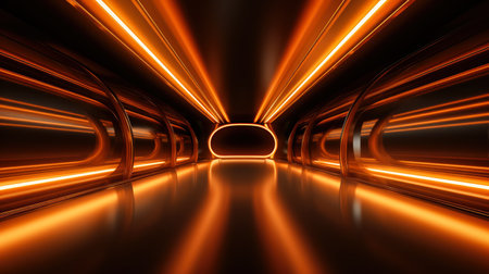 Futuristic tunnel corridor with glowing lights and reflections backgroundの素材