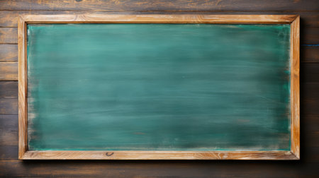 Empty green chalkboard on wooden background, school or education concept.の素材