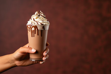 Female hand holding chocolate milkshake with whipped cream on brown backgroundの素材