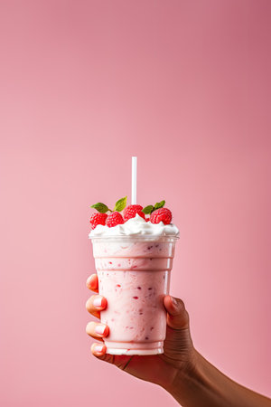 hand holding milkshake with whipped cream and raspberries on pink backgroundの素材