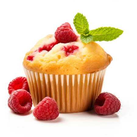Cupcake with raspberries and mint isolated on white backgroundの素材