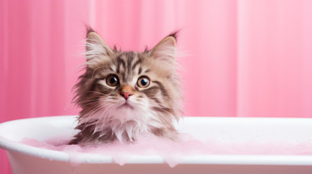 Cute maine coon kitten in bathtub on pink backgroundの素材