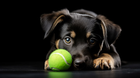 Studio shot of an adorable Dachshund puppy playing with a tennis ball.の素材