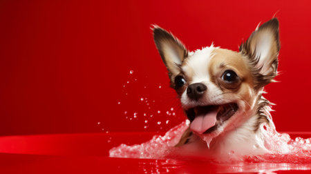 Cute chihuahua dog taking a bath in red backgroundの素材