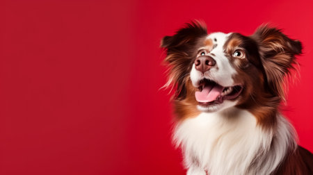 Portrait of a cute Australian Shepherd dog on a red background.の素材