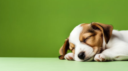 Cute beagle puppy sleeping on green background. copyspace.の素材