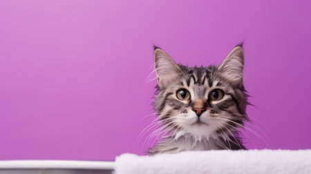 Siberian cat on a purple background. The cat is looking at the camera.の素材