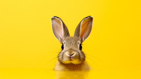 Cute little rabbit on a yellow background, close-up.の素材