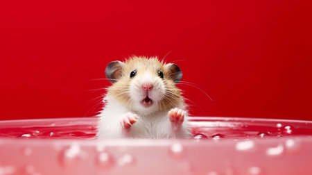 Hamster in water on a red background, close-up.の素材