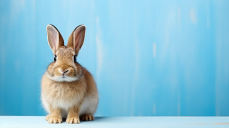 Cute little rabbit on blue background, space for text. easter holidayの素材