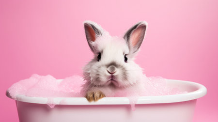 Cute little rabbit in bathtub on pink background, close upの素材