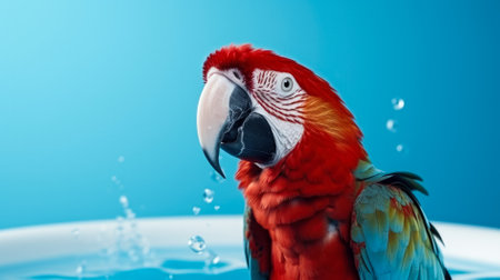 Red macaw parrot eating water on blue background with copy spaceの素材