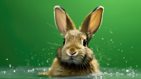 Cute little brown rabbit with water drops isolated on green background.の素材