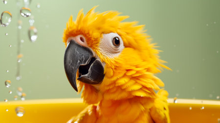 Orange macaw parrot bathes in a bath with water dropsの素材