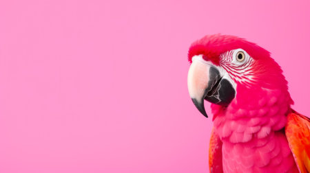 Beautiful red macaw parrot on pink background with copy spaceの素材