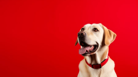 Labrador retriever dog on a red background with copy space.の素材