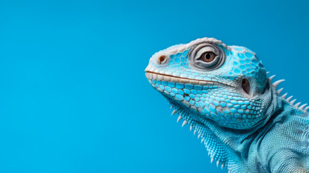 Blue iguana on a blue background. close up. copyspace.の素材