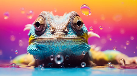 Portrait of a chameleon on a colorful background with water dropsの素材