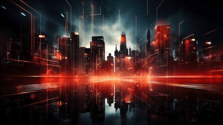 Futuristic city at night with neon lightsの素材