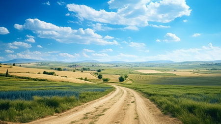 Rural landscape with dirt road in the field and blue sky with cloudsの素材