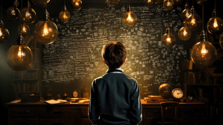 Rear view of boy looking at blackboard with lightbulbsの素材