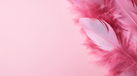 Pink feathers on a pink background. Place for text. copyspace.の素材