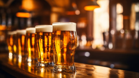Glasses of beer on the bar counter in a pub or restaurantの素材