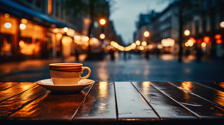 Cup of coffee on a table in the city at night.の素材