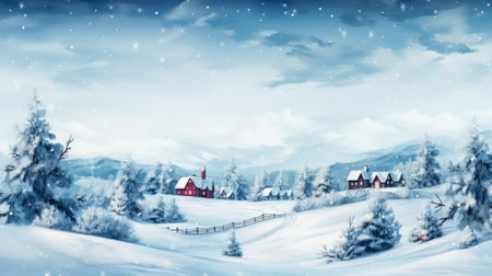 Winter landscape with snow covered fir trees and blue sky. Christmas background.の素材