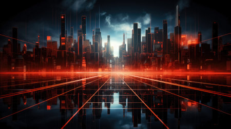 Futuristic cityscape with glowing lines backgroundの素材