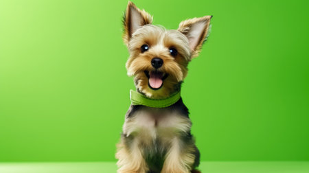 cute yorkshire terrier puppy with green collar on green backgroundの素材